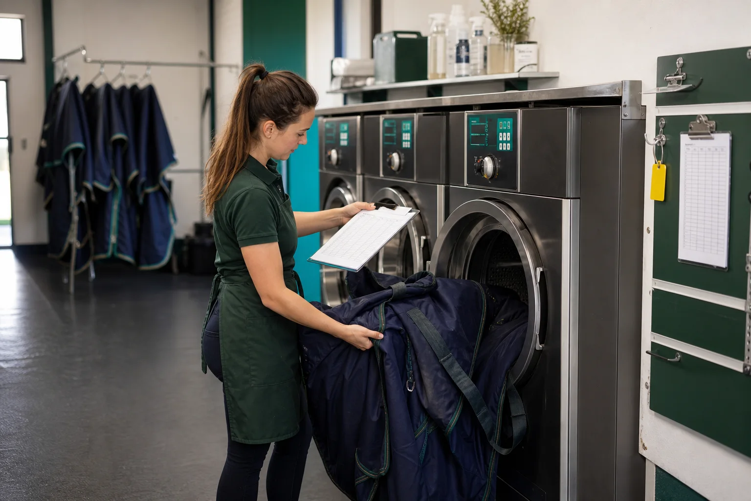 An equine laundry operator matching a horse rug to its job record beside professional washing machines