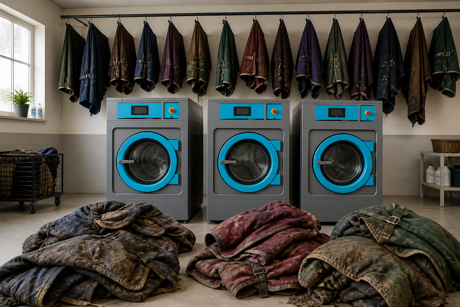Three professional equine washing machines with dirty rugs waiting and clean rugs drying